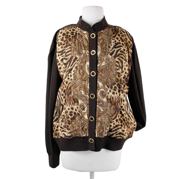 St John Collection Sz L Brown Tan Animal Print Gold Buttons Pocketed Knit Jacket